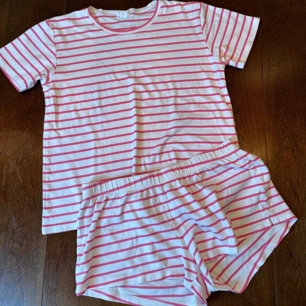 LAKE Pajamas Set Women M Pink White Striped Pima Cotton Short Sleeve Shorts Set